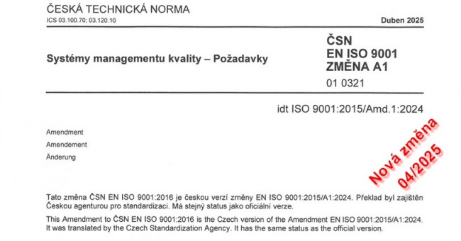 ČSN EN ISO 9001 Změna A1:2025-Systémy managementu kvality - Požadavky