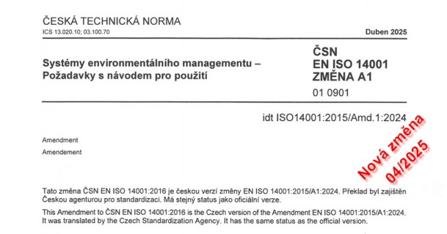 ČSN EN ISO 14001 Změna A1:2025-Systémy environmentálního managementu-Požadavky s návodem pro použití